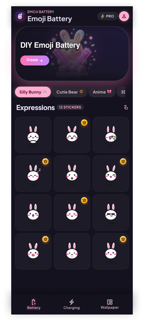 BatMoji emoji battery screen with a set of cute bunny expression stickers